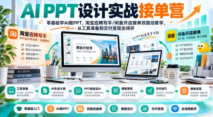 AI PPT设计实战接单营｜零基础学AI做PPT，淘宝应聘写手/闲鱼开店接单双路径教学，从工具准备到交付变现全闭环-翻身路网创