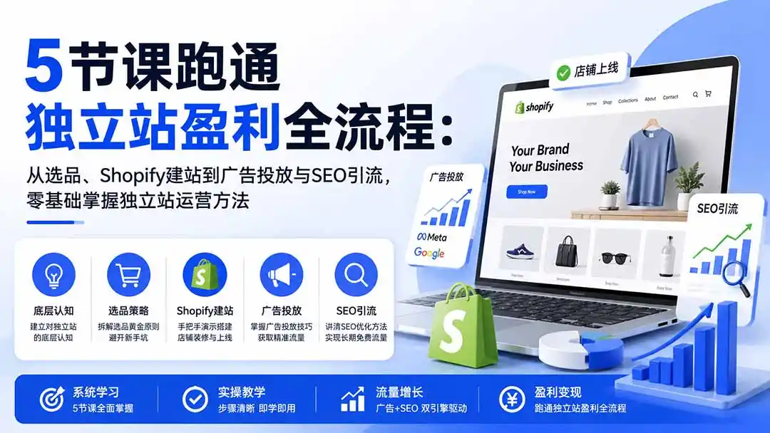 5节课跑通独立站盈利全流程：从选品、Shopify建站到广告投放与SEO引流，零基础掌握独立站运营方法-翻身路网创