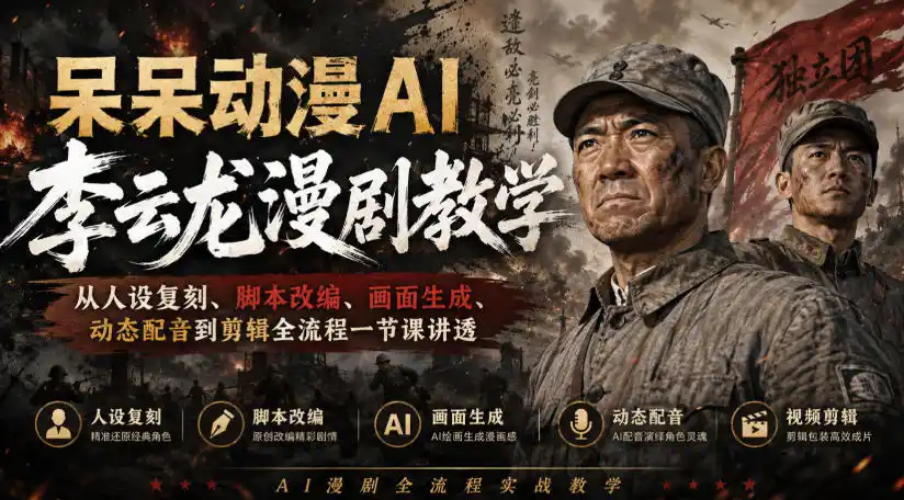 呆呆动漫AI李云龙漫剧教学，从人设复刻、脚本改编、画面生成、动态配音到剪辑全流程一节课讲透-翻身路网创