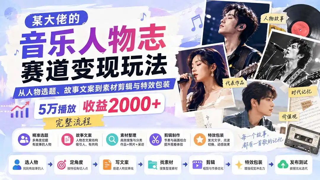 某大佬的音乐人物志赛道变现玩法：从人物选题、故事文案到素材剪辑与特效包装，5万播放收益2000+完整流程-翻身路网创