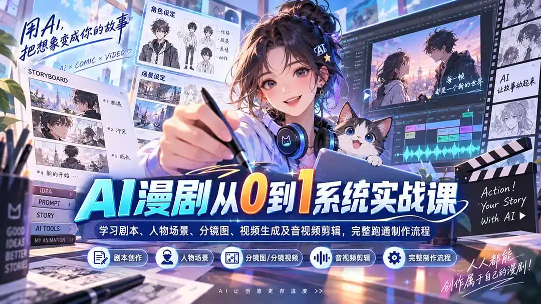 AI漫剧从0到1系统实战课：学习剧本、人物场景、分镜图、视频生成及音视频剪辑，完整跑通制作流程-翻身路网创