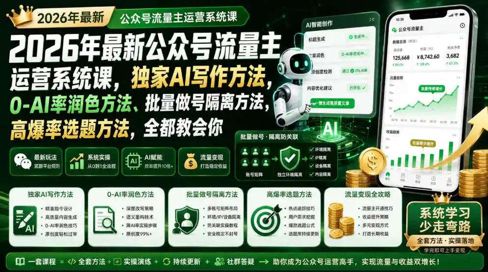 2026年最新公众号流量主运营系统课，独家AI写作方法，0-AI率润色方法、批量做号隔离方法、高爆率选题方法，全都教会你(更新1009)-翻身路网创