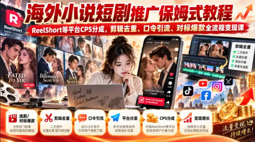 海外小说短剧推广保姆式教程｜ReelShort等平台CPS分成，剪辑去重、口令引流、对标爆款全流程变现课-翻身路网创