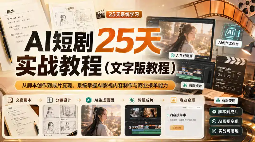 AI短剧25天实战教程(文字版教程)，从脚本创作到成片变现，系统掌握AI影视内容制作与商业接单能力-翻身路网创