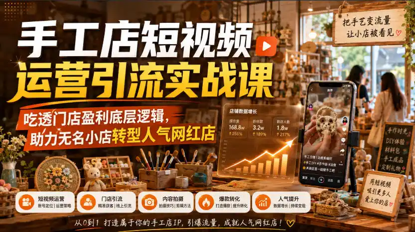 手工店短视频运营引流实战课，吃透门店盈利底层逻辑，助力无名小店转型人气网红店-翻身路网创
