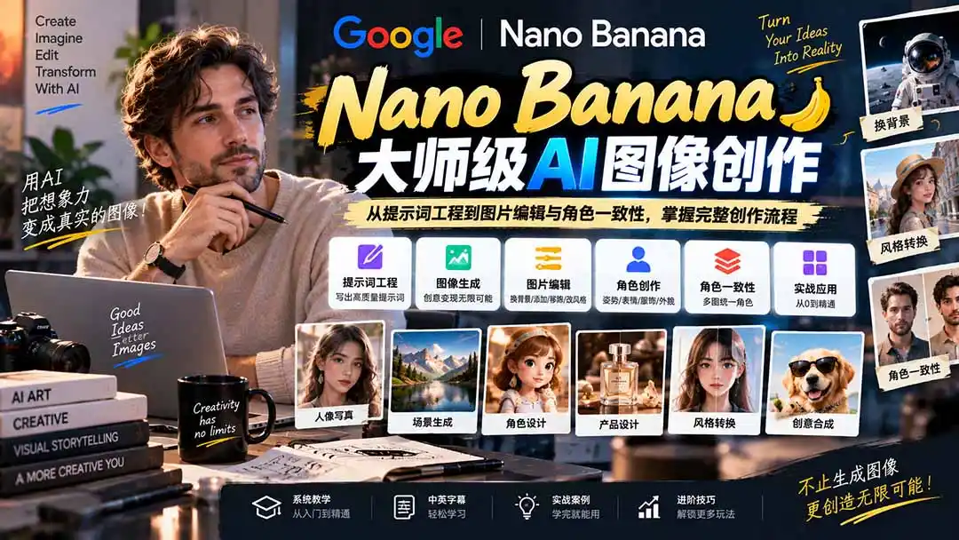 【无水印】Nano Banana大师级AI图像实战课：从提示词工程到图片编辑与角色一致性，掌握完整创作流程-翻身路网创