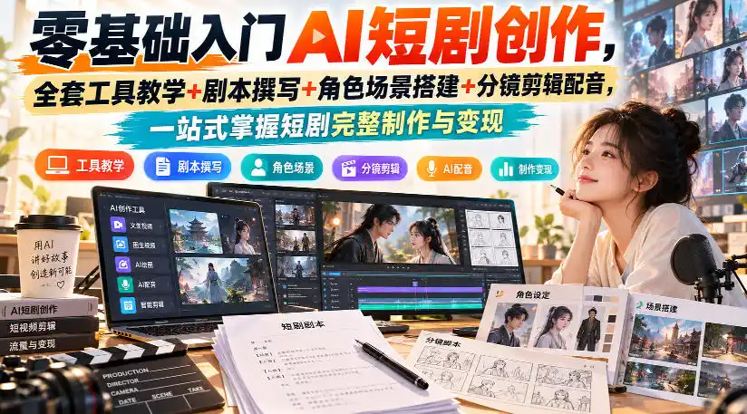 零基础入门AI短剧创作，全套工具教学+剧本撰写+角色场景搭建+分镜剪辑配音，一站式掌握短剧完整制作与变现-翻身路网创