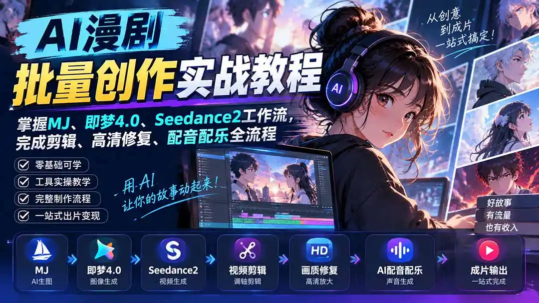 AI漫剧批量创作实战教程：掌握MJ、即梦4.0、Seedance2工作流，完成剪辑、高清修复、配音配乐全流程-翻身路网创