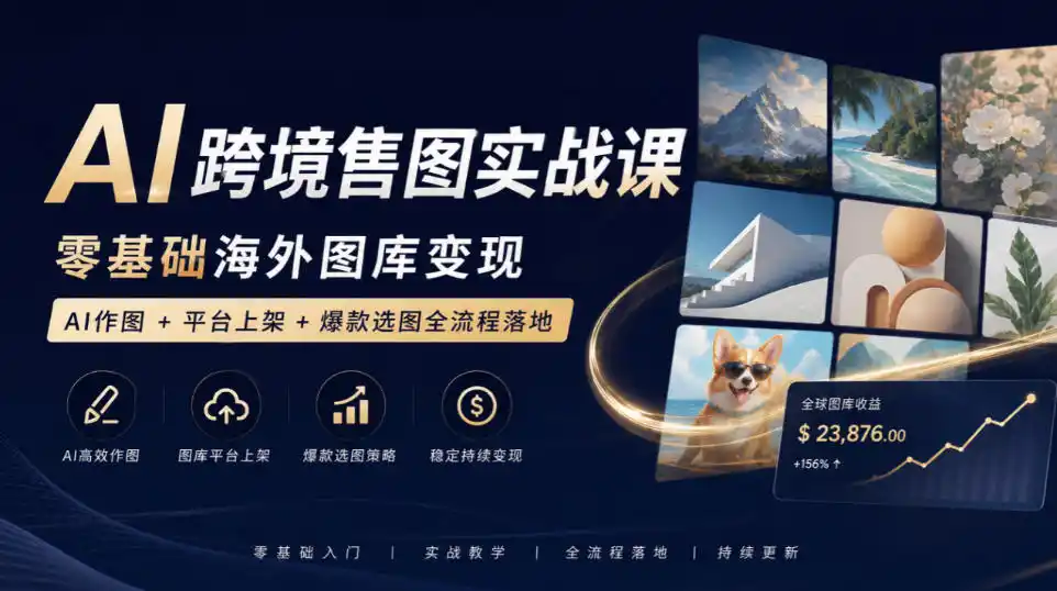 AI跨境售图实战课，零基础海外图库变现，AI作图+平台上架+爆款选图全流程落地-翻身路网创