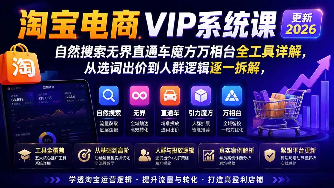 淘宝电商VIP系统课-更新8月；自然搜索无界直通车魔方万相台全工具详解，从选词出价到人群逻辑逐一拆解-翻身路网创