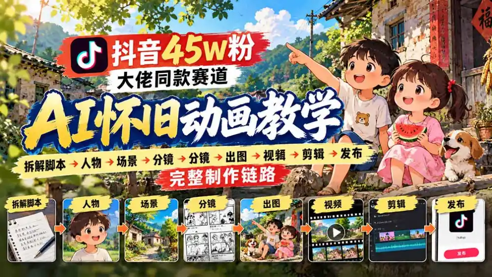 抖音45W粉大佬同款赛道AI怀旧动画教学：拆解脚本→人物→场景→分镜→出图→视频→剪辑→发布完整制作链路-翻身路网创