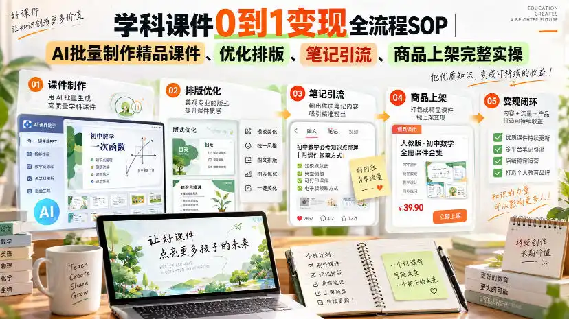 学科课件0到1变现全流程SOP｜AI批量制作精品课件、优化排版、笔记引流、商品上架完整实操-翻身路网创