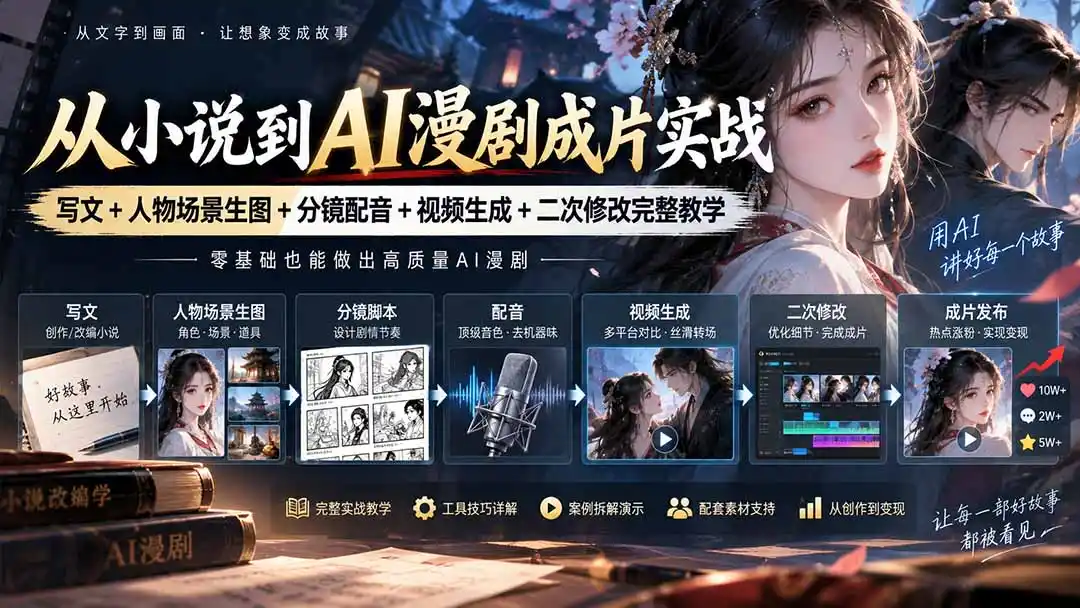 从小说到AI漫剧成片实战:写文+人物场景生图+分镜配音+视频生成+二次修改完整教学-翻身路网创