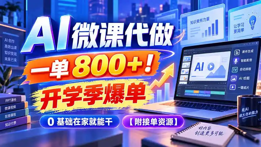AI 微课代做，一单 800+！开学季爆单，0 基础在家就能干【附接单资源】-翻身路网创