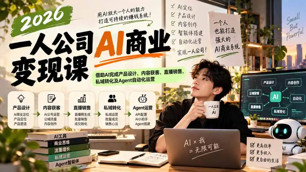 2026一人公司AI商业变现课：借助AI完成产品设计、内容获客、直播销售、私域转化及Agent自动化运营-翻身路网创