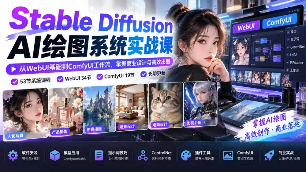 【无水印】Stable Diffusion AI绘图系统实战课：从WebUI基础到ComfyUI工作流，掌握商业设计与高效出图-翻身路网创