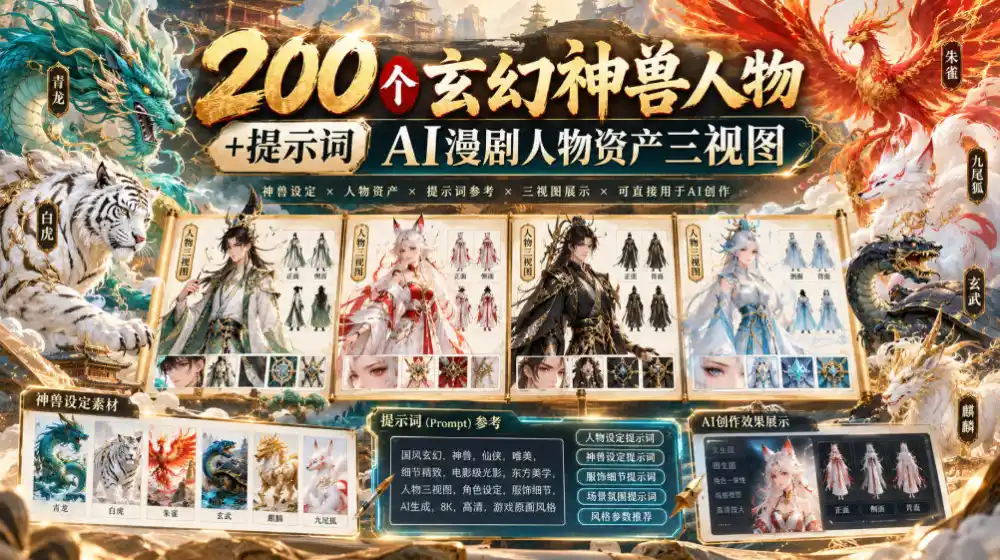200个玄幻神兽人物+提示词ai漫剧人物资产三视图-翻身路网创