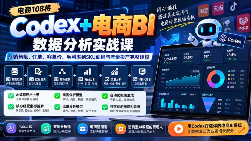 Codex+电商BI数据分析实战课-更新：从销售额、订单、客单价、毛利率到SKU动销与流量投产完整建模-翻身路网创