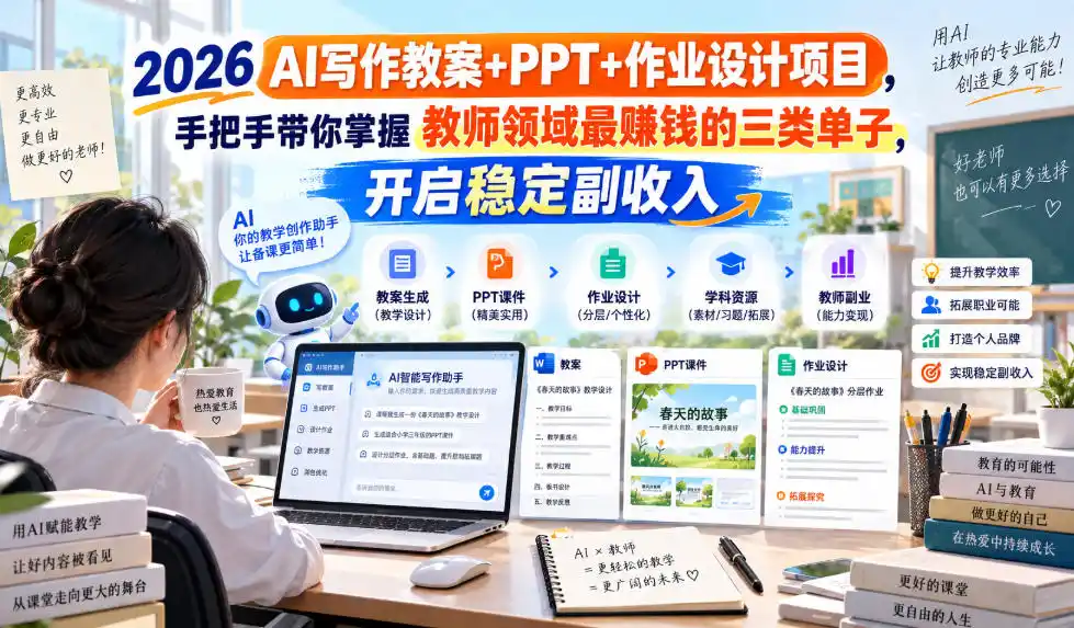 2026 AI写作教案+PPT+作业设计项目，手把手带你掌握教师领域最賺钱的三类单子，开启稳定副收入-翻身路网创