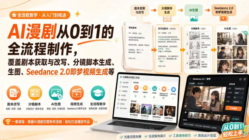 AI漫剧从0到1的全流程制作，覆盖剧本获取与改写、分镜脚本生成、角色场景生图与三视图、Seedance 2.0即梦视频生成(PDF版)-翻身路网创