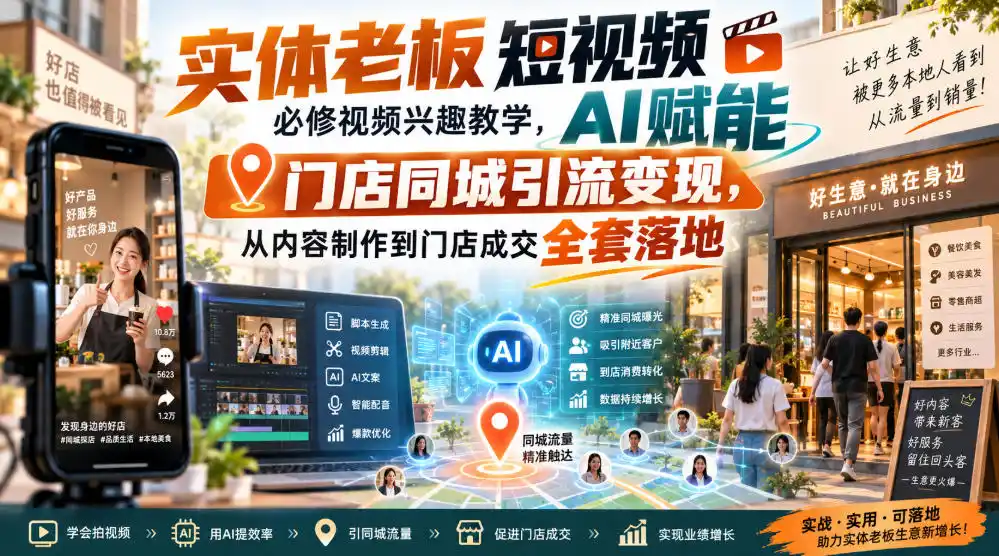 实体老板短视频必修视频兴趣教学,AI赋能门店同城引流变现,AI+短视频+直播打爆实体客流量-翻身路网创