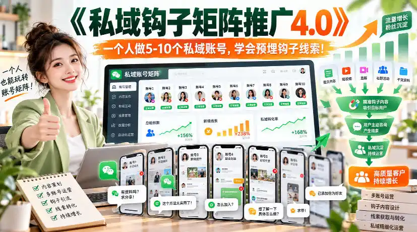 【无水印】《私域钩子矩阵推广4.0》一个人做5-10个私域账号，学会预埋钩子线索！-翻身路网创