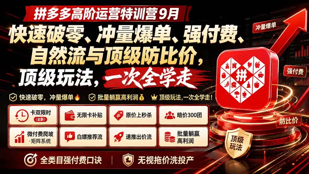 拼多多高阶运营特训营9月：快速破零、冲量爆单、强付费、自然流与顶级防比价， 顶级玩法，一次全学走-翻身路网创