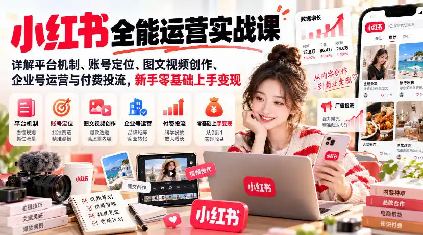 小红书全能运营实战课，详解平台机制、账号定位、图文视频创作、企业号运营与付费投流，新手零基础上手变现-翻身路网创