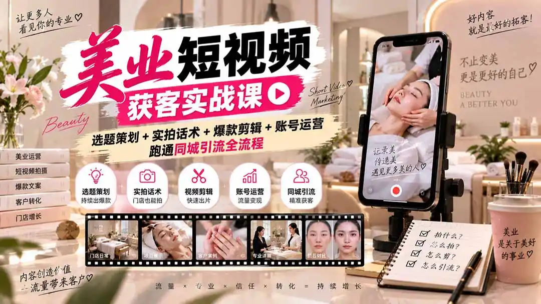 美业短视频获客实战课-无水印：选题策划+实拍话术+爆款剪辑+账号运营，跑通同城引流全流程-翻身路网创