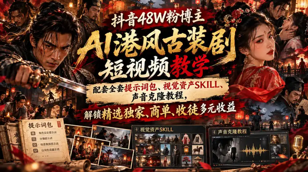 抖音48W粉博主AI港风古装剧短视频教学，配套全套提示词包、视觉资产SKILL、声音克隆教程，解锁精选独家、商单、收徒多元收益-翻身路网创