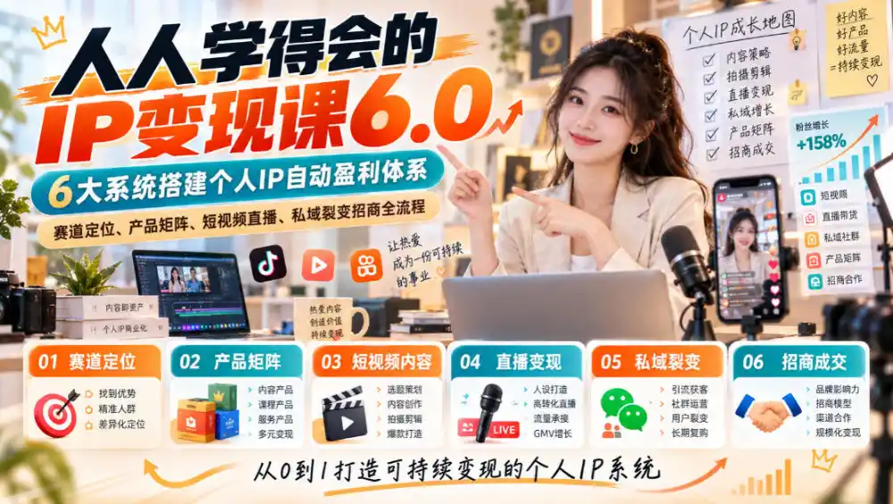人人学得会的IP变现课6.0，6大系统搭建个人IP自动盈利体系，赛道定位、产品矩阵、短视频直播、私域裂变招商全流程-翻身路网创