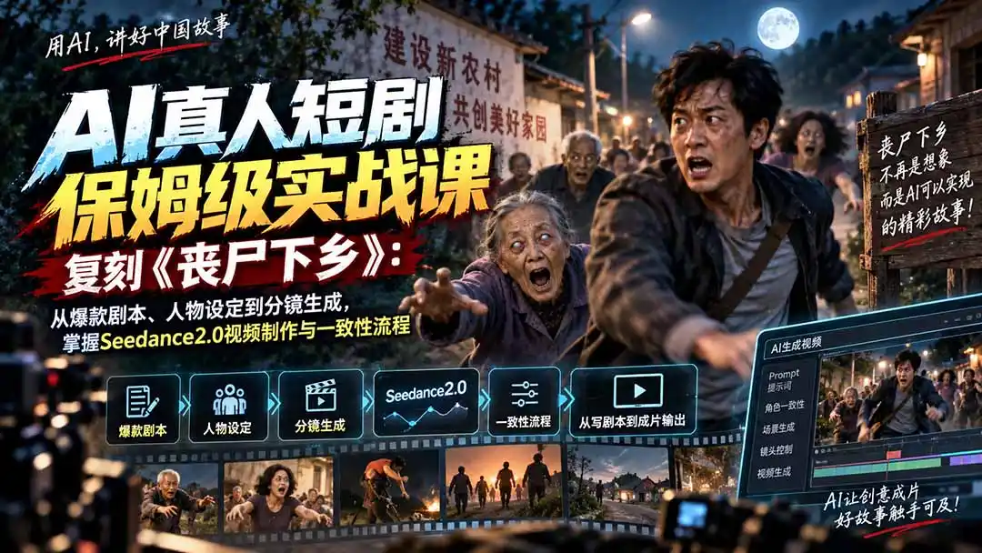 AI真人短剧保姆级实战课，复刻《丧尸下乡》：从爆款剧本、人物设定到分镜生成，掌握Seedance2.0视频制作与一致性流程-翻身路网创