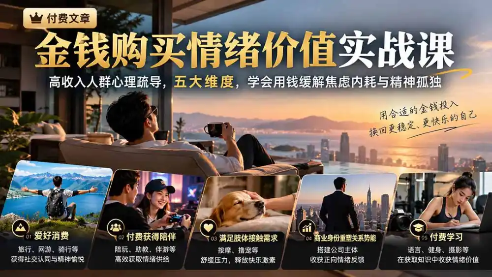 付费文章：金钱购买情绪价值实战课｜高收入人群心理疏导，五大维度，学会用钱缓解焦虑内耗与精神孤独-翻身路网创