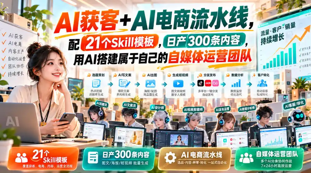AI获客+AI电商流水线,配21个Skill模板,日产300条内容,用AI搭建属于自己的自媒体运营团队-翻身路网创