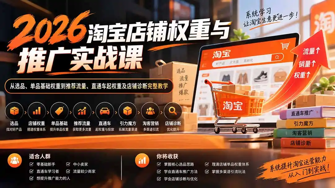 2026淘宝店铺权重与推广实战课：从选品、单品基础权重到推荐流量、直通车起权重及店铺诊断完整教学-翻身路网创