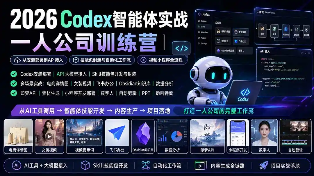 2026Codex智能体实战｜一人公司训练营｜从安装部署到API接入｜技能包封装与自动化工作流｜视频小程序全流程-翻身路网创