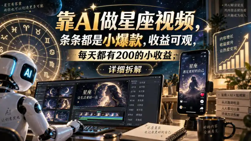 靠AI做星座视频，条条都是小爆款，收益可观，每天都有200的小收益，详细拆解-翻身路网创