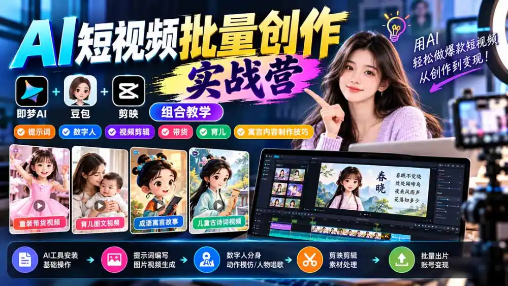 【无水印】AI短视频批量创作实战营：即梦+豆包+剪映组合教学，提示词/数字人/视频剪辑/带货/育儿/寓言内容制作技巧-翻身路网创