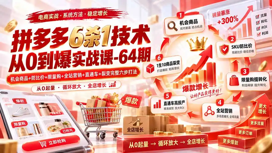 拼多多6杀1技术从0到爆实战课-64期：机会商品+防比价+限量购+全站营销+直通车+裂变完整六步打法-翻身路网创