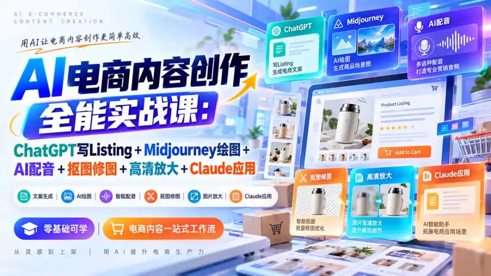 【无水印】AI电商内容创作全能实战课:ChatGPT写Listing+Midjourney绘图+AI配音+抠图修图+高清放大+Claude应用-翻身路网创