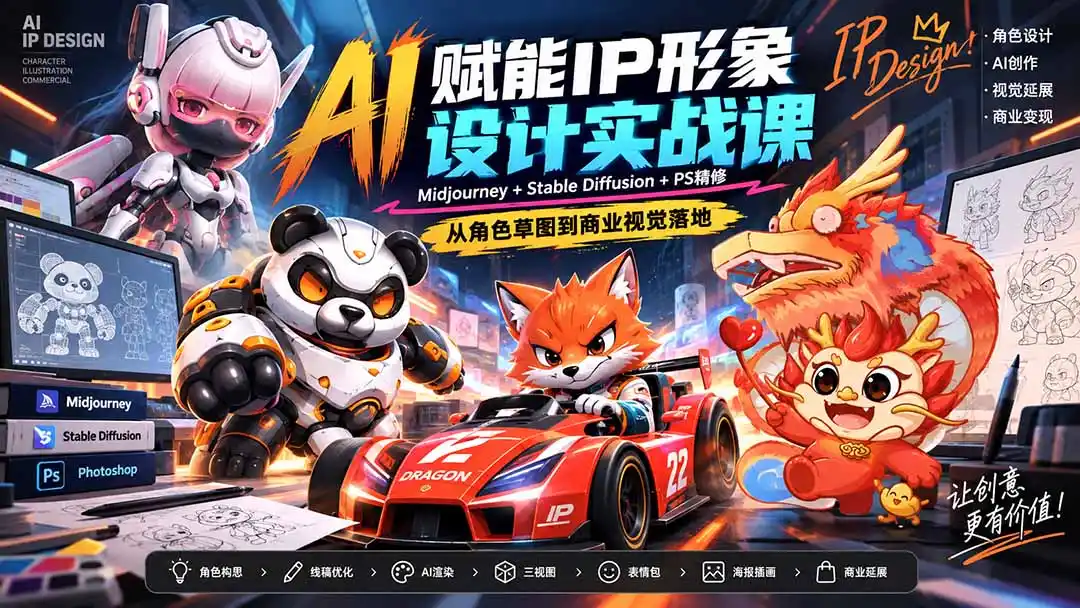 AI赋能IP形象设计实战课-无水印：Midjourney+Stable Diffusion+PS精修，从角色草图到商业视觉落地-翻身路网创