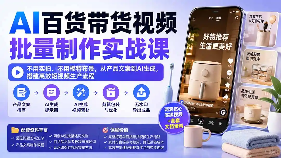 AI百货带货视频批量制作实战课：不用实拍、不用模特布景，从产品文案到AI生成，搭建高效短视频生产流程-翻身路网创