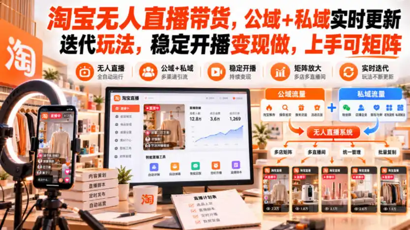 淘宝无人直播带货，公域+私域实时更新迭代玩法，稳定开播变现做，上手可矩阵【揭秘】-翻身路网创