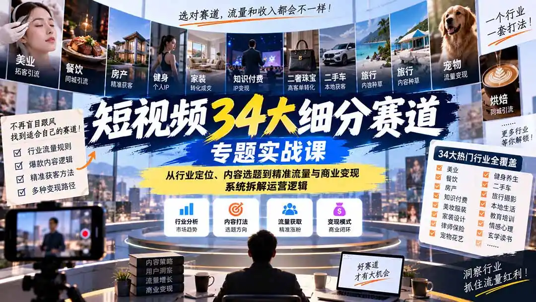短视频34大细分赛道专题实战课：从行业定位、内容选题到精准流量与商业变现，系统拆解运营逻辑-翻身路网创