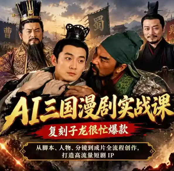抖音14W粉博主同款AI三国漫剧实战课，复刻子龙很忙爆款，从脚本、人物、分镜到成片全流程创作，打造高流量短剧IP-翻身路网创