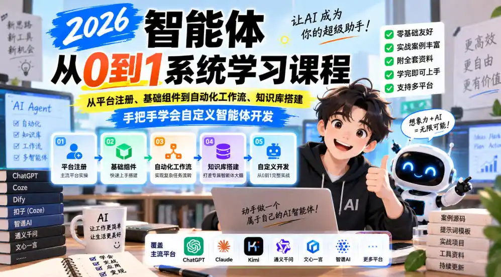 2026智能体从0到1系统学习课程，从平台注册、基础组件到自动化工作流、知识库搭建，手把手学会自定义智能体开发-翻身路网创