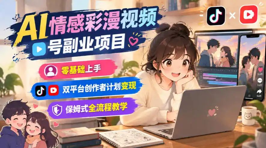 AI情感彩漫视频号副业项目，零基础上手，双平台创作者计划变现，保姆式全流程教学-翻身路网创