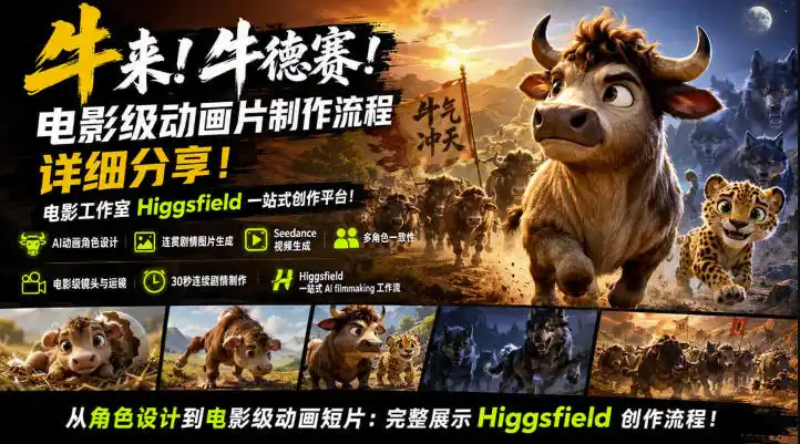 牛来！牛德赛！电影级动画片制作流程详细分享！电影工作室Higgsfield一站式创作平台，完整创作流程-翻身路网创