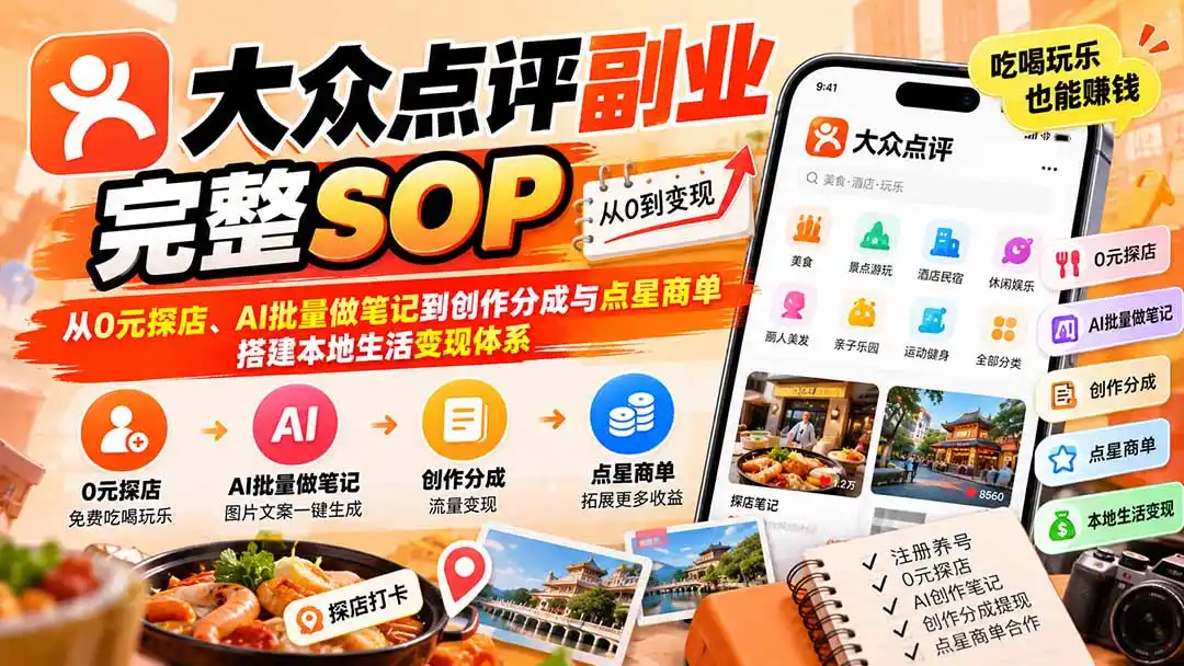 【无水印】大众点评副业完整SOP：从0元探店、AI批量做笔记到创作分成与点星商单，搭建本地生活变现体系-翻身路网创