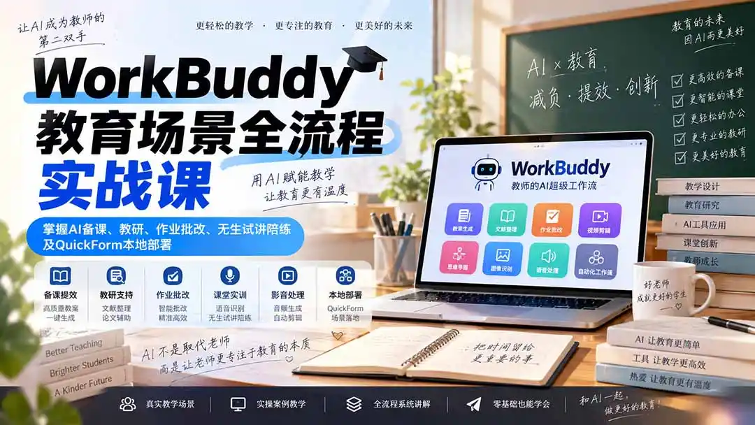 WorkBuddy教育场景全流程实战课：掌握AI备课、教研、作业批改、无生试讲陪练及QuickForm本地部署-翻身路网创